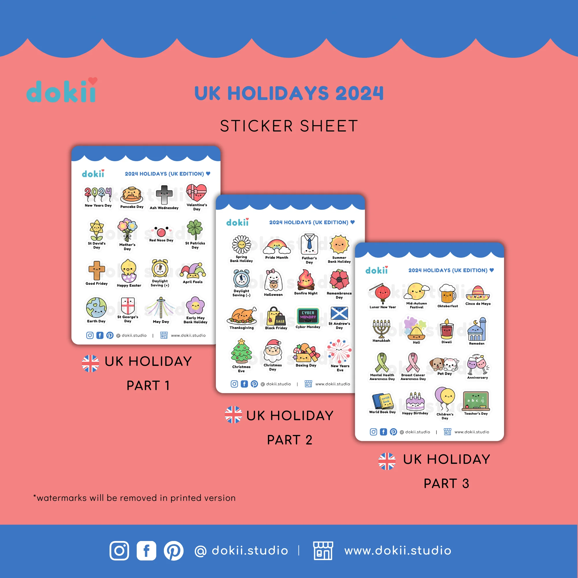kawaii UK holidays 2024 sticker sheet Dokii Studio (2)