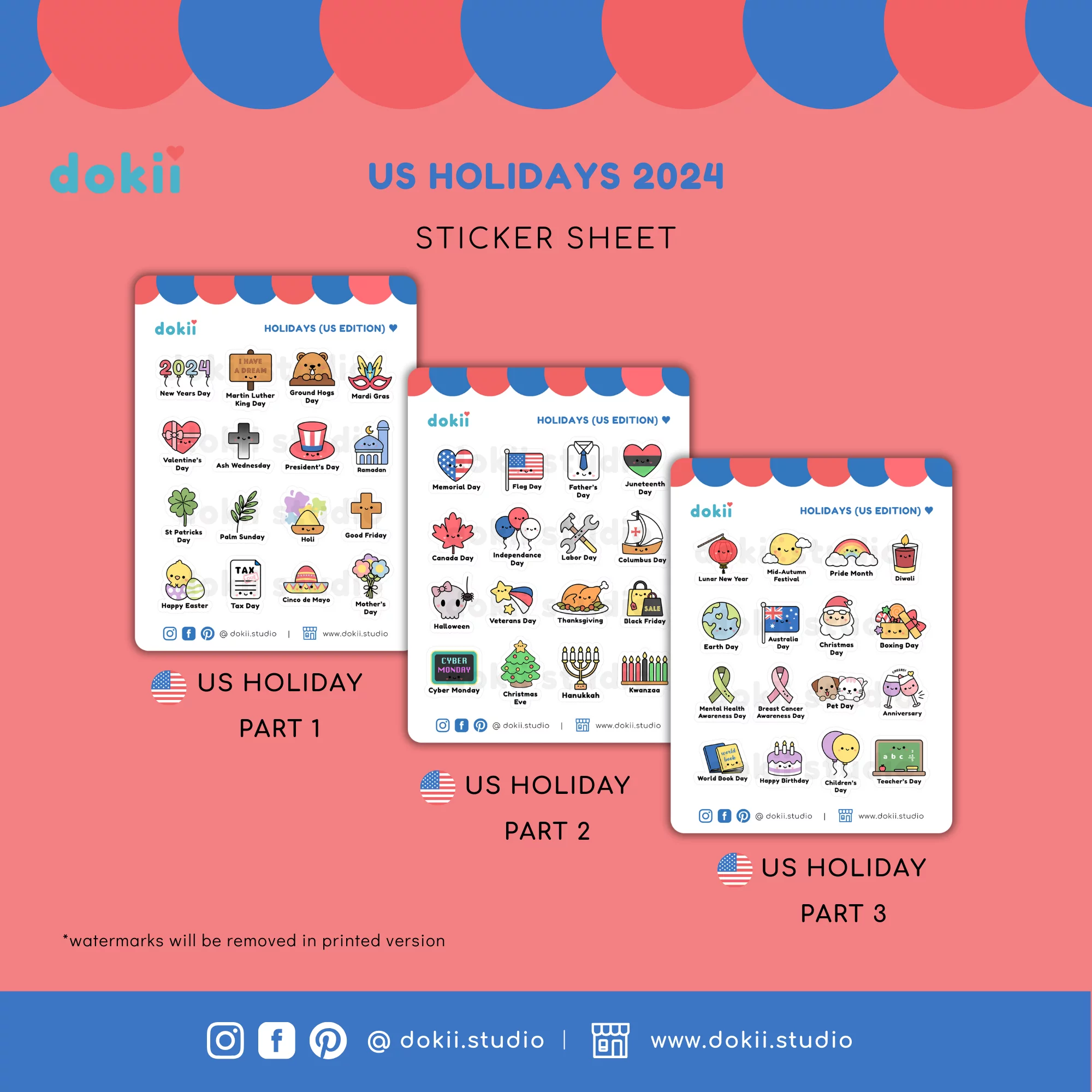 kawaii US holidays 2024 sticker sheet Dokii Studio (2)